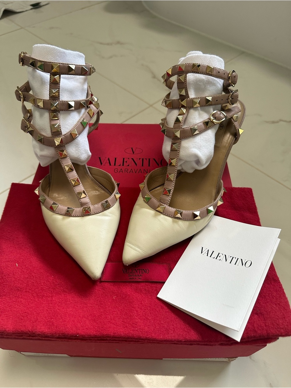 Valentino Studded T-Strap Pointed Pumps in Cream and Tan